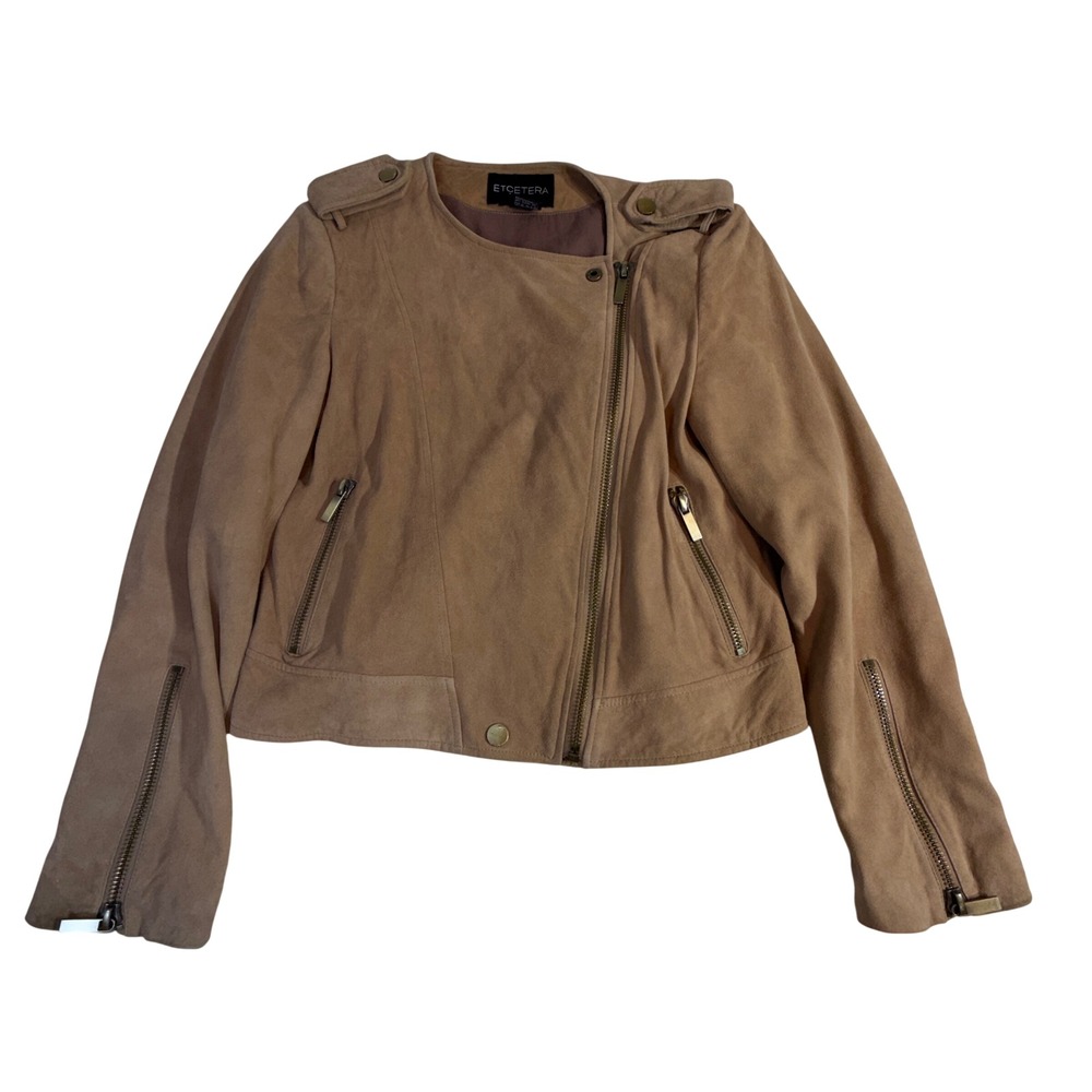 Etcetera Suede Moto Jacket - M Tan Asymmetrical Zip Epaulets